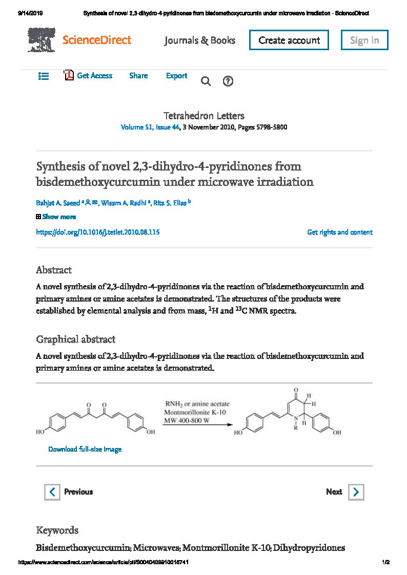 Synthesis of novel 2 3 dihydro 4 pyridinones from bisdemethoxycurcumin under microwave irradiation