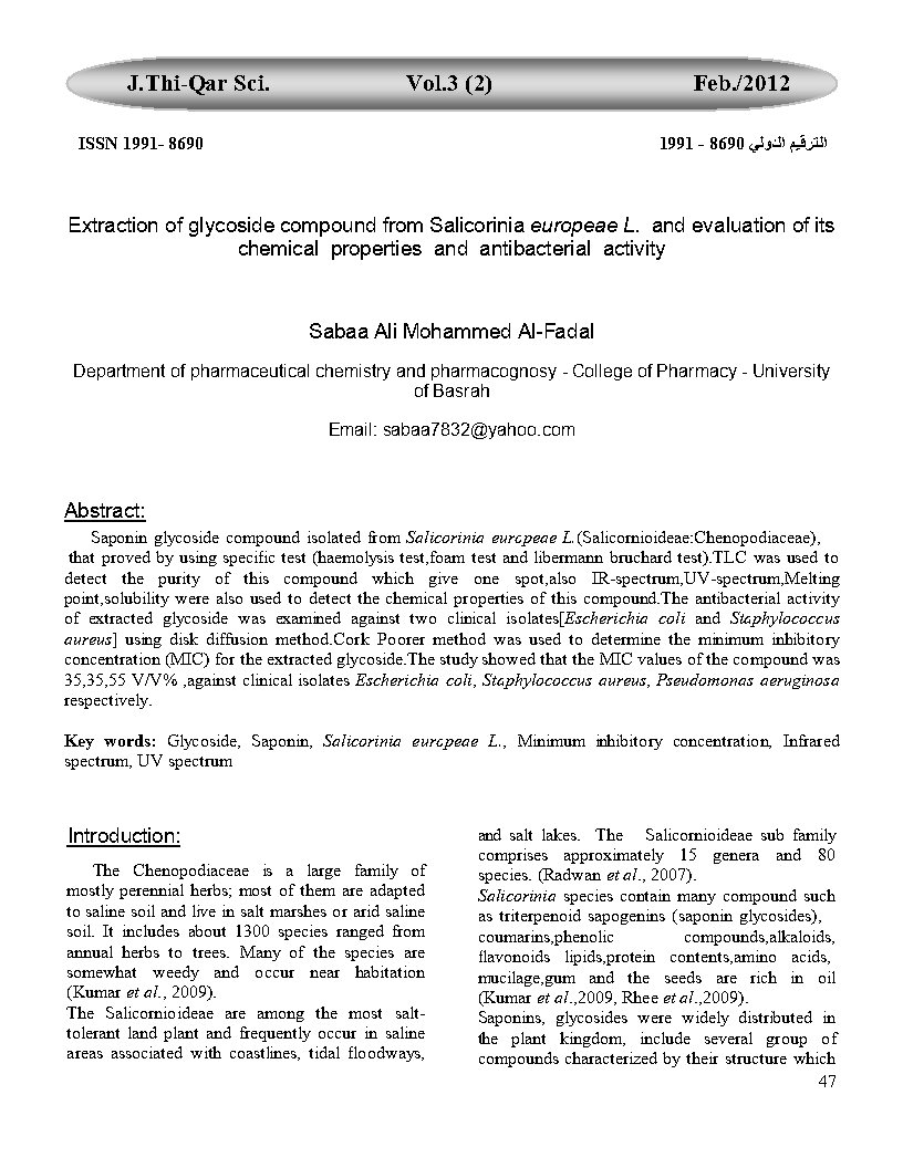 Extraction of glycoside compound from Salicorinia europeae L. and evaluation of its