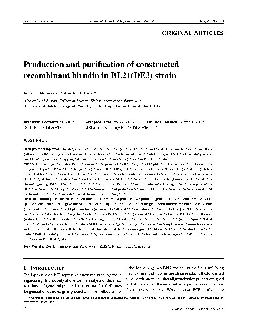 Production and purification of constructed recombinant hirudin in BL21 DE3 strain