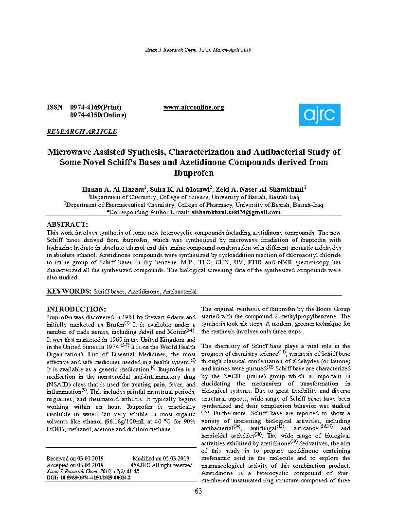 Microwave Assisted Synthesis Characterization and Antibacterial Study of